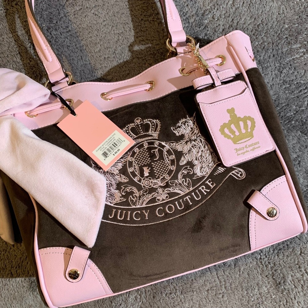 Juicy Couture Classic Y2K Tote Chocolate Pink Velour Bow Bag NEW - Picture 3 of 12